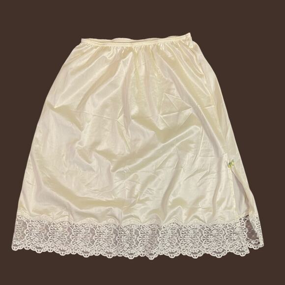 Vintage 80s Buttery Yellow Mini Skirt Lace Trim Half Slip Small Rosette Coquette - Picture 1 of 3